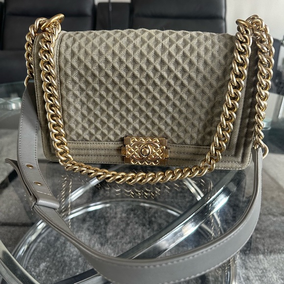 “SOLD” Authentic Chanel Boy Flap Quilted Olive Denim Bag - Picture 7 of 11